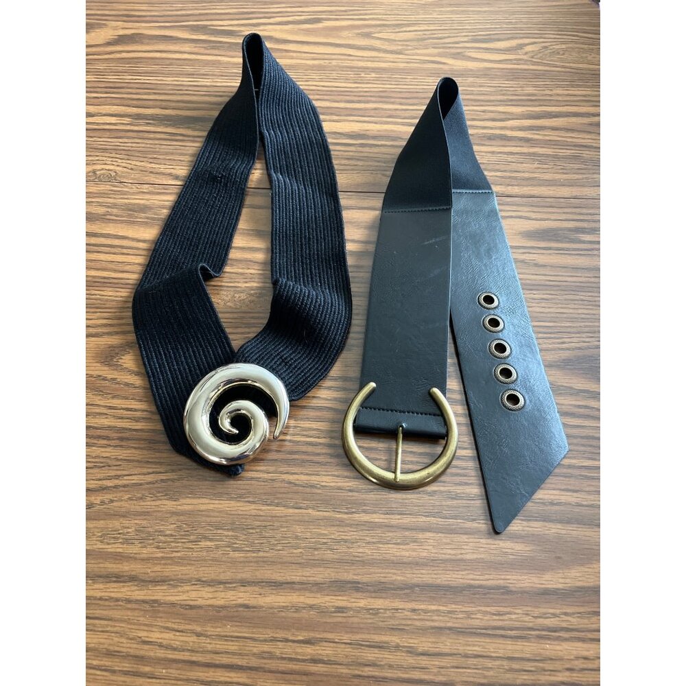 Black stretch belts with gold tone buckles set of two size S/M